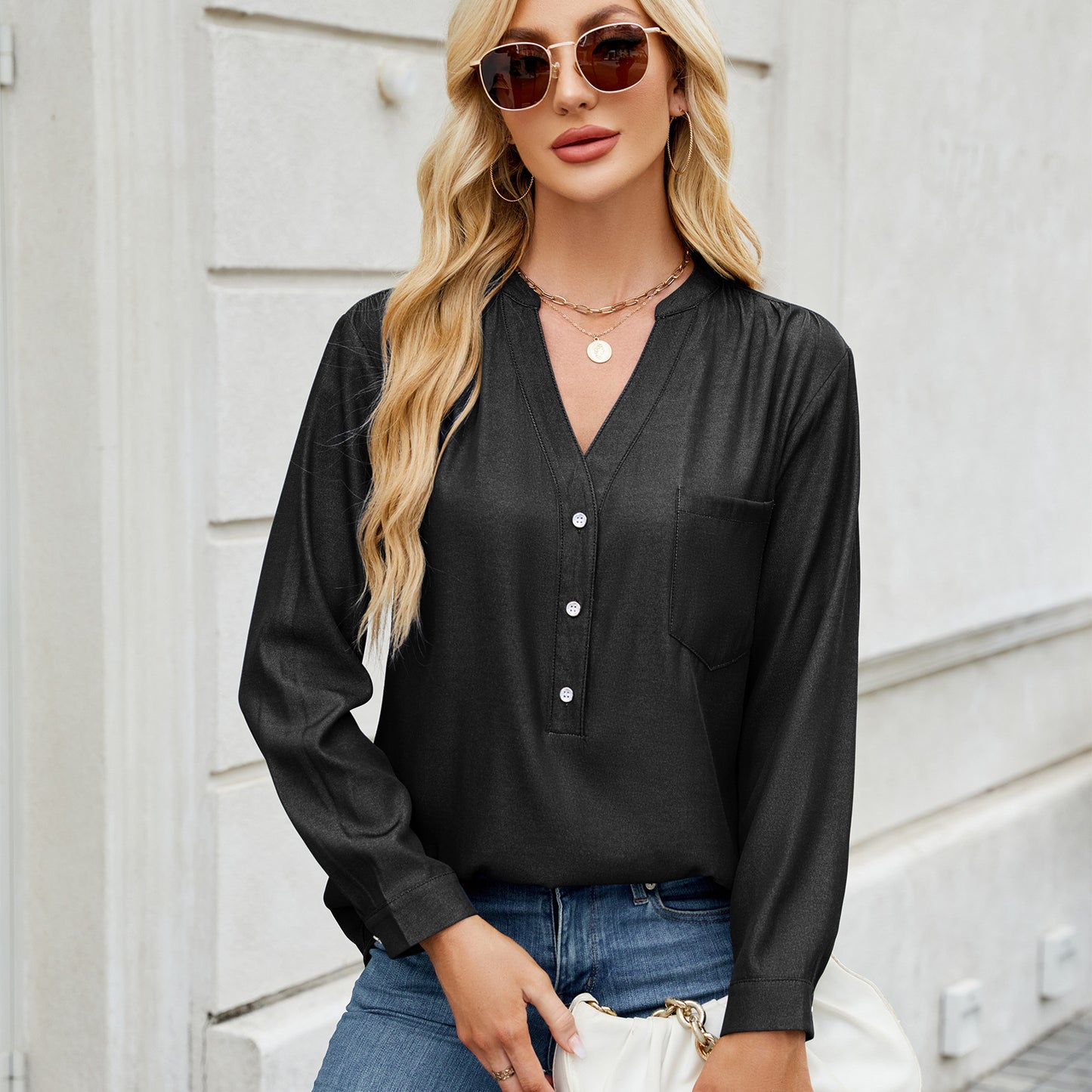 Elegante V-Ausschnitt Bluse mit Knopfleiste – Langarm