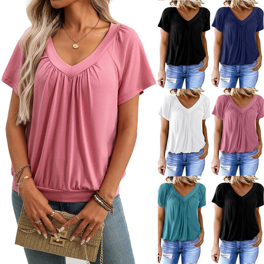 Sommer Damen V-Ausschnitt T-Shirt mit Falten – Locker & Kurzarm