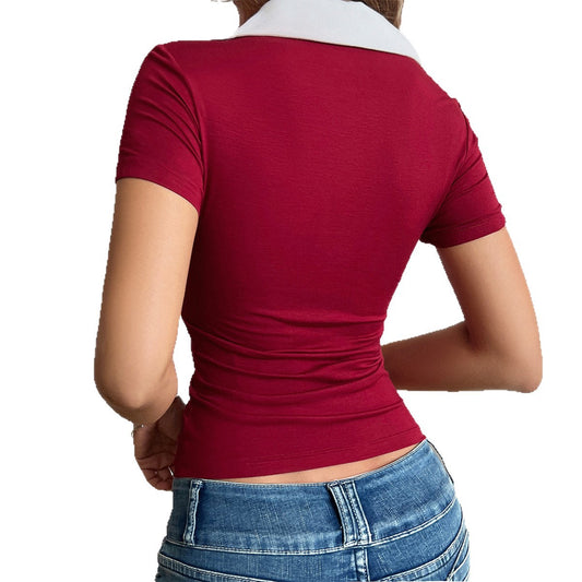 Sexy Damen-T-Shirt mit Kragen & kurzem Arm – Figurbetont | Mae's Fashion