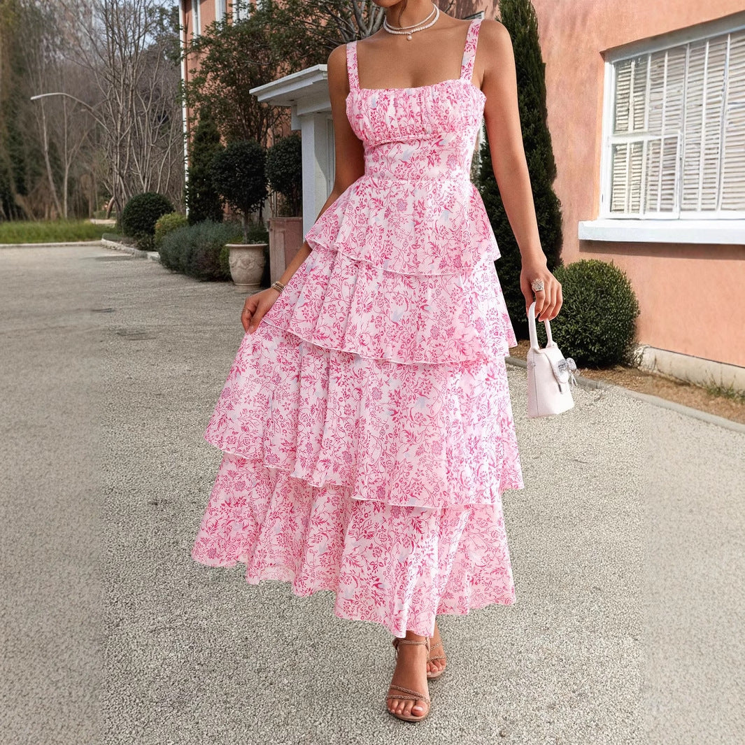 Elegantes Blumen-Trägerkleid mit Stufenrock